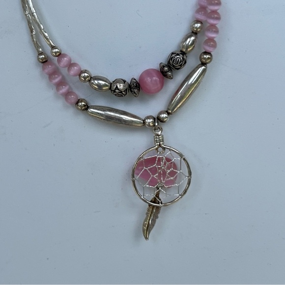 Vintage Native American Pink Bear Dream Catcher 925 Silver Beaded Necklace 18” - Picture 4 of 7